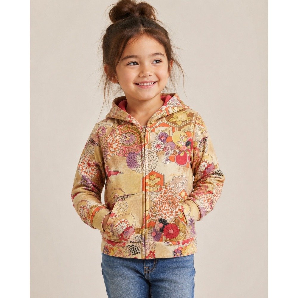 Lucky Brand Girls Asian Floral Print Zip-Up Hoodie Size 4 Years